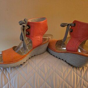 FLY LONDON Orange Wedge Leather Lace Up Sandal 39 Comfort Classic